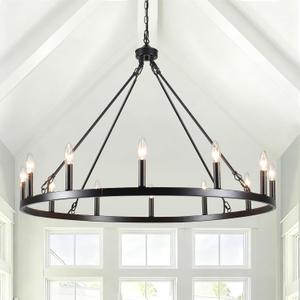 Wagon Wheel Chandelier 12 Light 38" Large Black Farmhouse Chandelier for Dining Room Rustic Country Pendant Light Fixtures Hanging Modern Round Chandeliers for Living Room High Ceilings Entryway Foyer