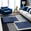 Washable Low-Profile Geometric Area Rug, 0.2 inch Thin Abstract Rug Design for Living Room & Bedroom Decor, 5x7 ft Blue Grey Modern Non-Slip Floor Rug