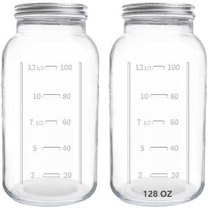 eleganttime 128 oz Mason Jars Extra Wide Mouth 2 Pack, 1 Gallon Glass Large Jars with Airtight Lid, Safe for Food Storage, Curing, Fermentation and Preservation(Not standard wide mouth)