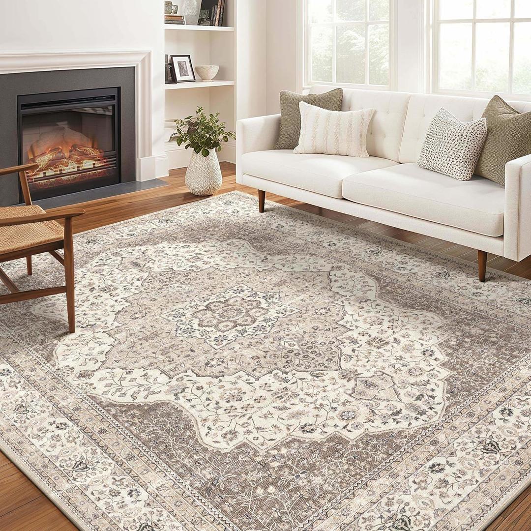 Washable Rug for Living Room - 10x12 Non-Slip Soft Vintage Floral Area Rug for Family Kids & Pet, Stain Resistant Carpet for High Traffic Bedroom Dining Room Teen Dorm Home Decor Aesthetic (Brown)
