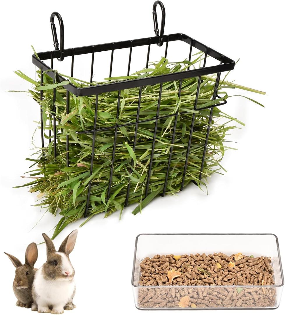 SANGLE SOPFFY Rabbit Feeder and Bunny Food Bowl with Hay Rack for Guinea Pigs, Chinchillas,Holland lop Bunny - Pet Hay Dispenser&Multifunctional Pellet Food Dish (black-2)