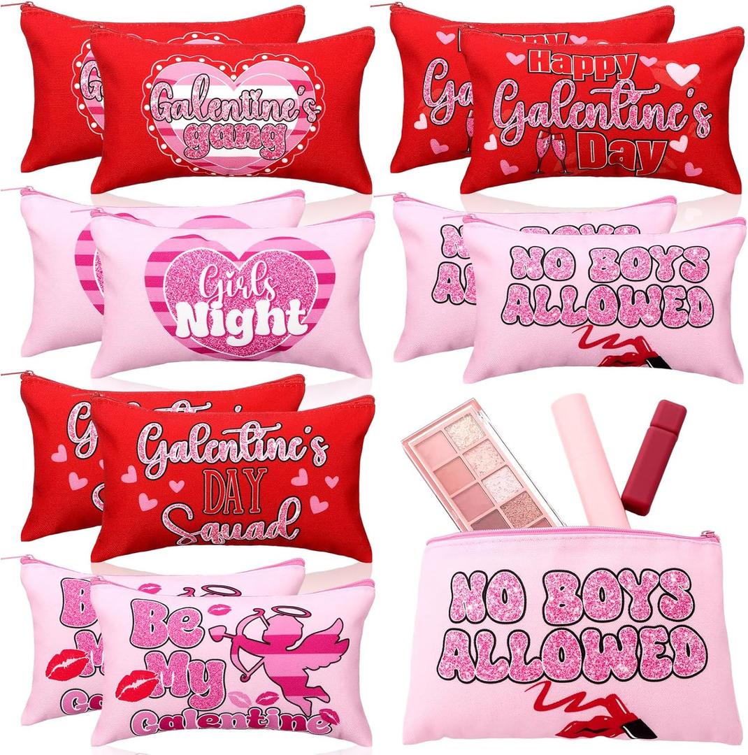 Kacctyen 12 Pcs Galentines Gifts Bulk Galentine's Makeup Bag Accessories Purse with Zippers Valentine's Galentine's Day Party Favors Stuffers Gift for Women Friends 8.4 x 5.2 in