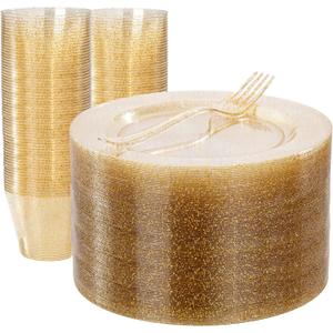 WELLIFE 150PCS Gold Plastic Plates  Gold Glitter Disposable Dinnerware Set for 50 Guests (7.5" Dessert Plates), Includes 50 Plates, 50 Cups & 50 Forks for Wedding & Birthday Party Tableware