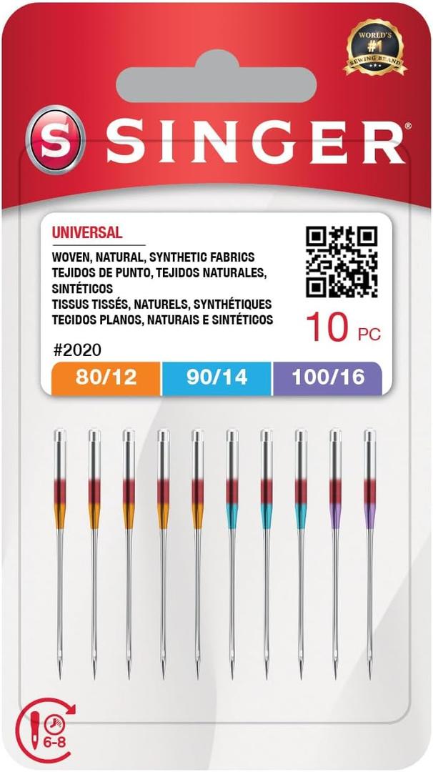 SINGER 50-Pack Universal 2020 Sewing Machine Needles, Assorted, Size 80/12, 90/14, 100/16