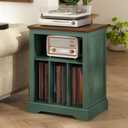 RowyPoey Farmhouse Record Player Stand, 3 Tier End Table, Turntable Stand with Vinyl Record Storage, Wood Record Holder Cabinet Dispaly Shelf for Living Room,Bedroom,Office,Antique White
