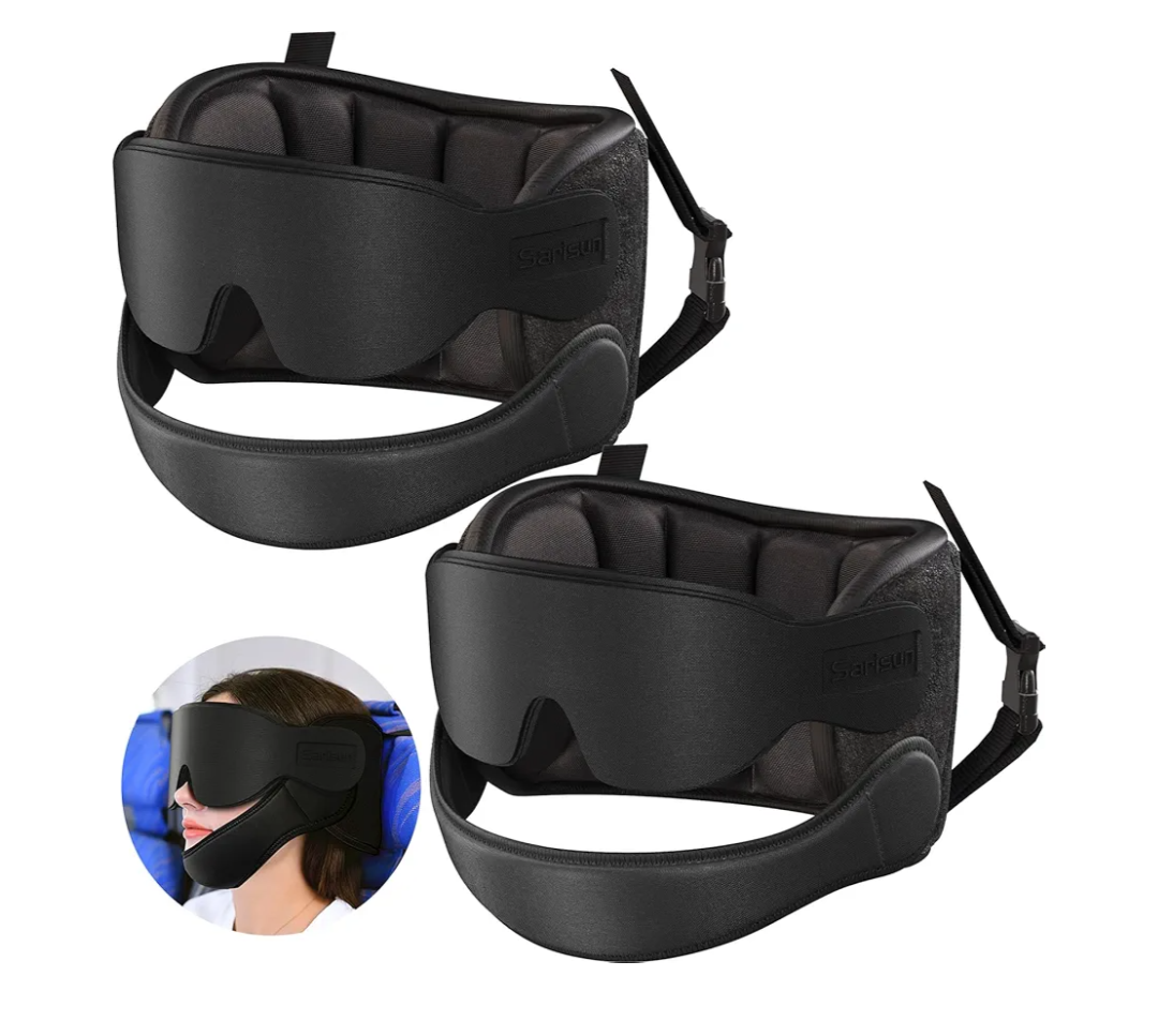 Airplane Pillow, Travel Pillows for Airplanes with Sleep Eye Mask, 360° Airplane Pillow for Long Flights, Car Road Trip, Car Headrest, Stop Bobblehead, Combo with Chin Strap,2-Pack Black