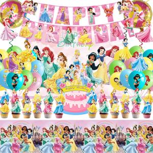 62PCS Disne Princess Party Supplies, Birthday Decorations Set Include Banner, Balloons, Backdrop, Cupcake Toppers, Tablecloth, Hanging Swirls for Kids Princess Theme Birthday Party