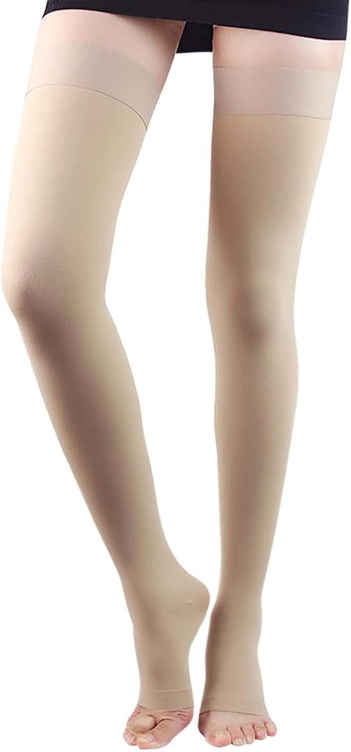 Lin Performance 20-30 mmHg Medical Compression Stockings for Women and Men Thigh High, Dot-Top, Open Toe Socks for Travel Comfort (Beige,L)