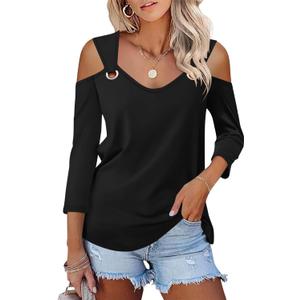 Minetom Women's V Neck 3/4 Sleeve Shirts Cold Shoulder Tops Basic Summer Tees (X-Large, A Black)