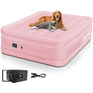 HikerSKY Air Mattress Queen with Built in Wireless Battery Pump, Blow Up Inflatable Mattress for Camping,Guest Air Bed, All Fabric, 21'' Pink Queen