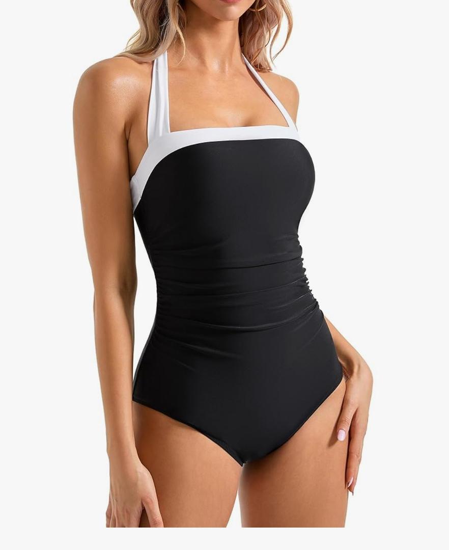 SUUKSESS Women Sexy Tummy Control One Piece Swimsuit Halter Retro Bathing Suit S/M