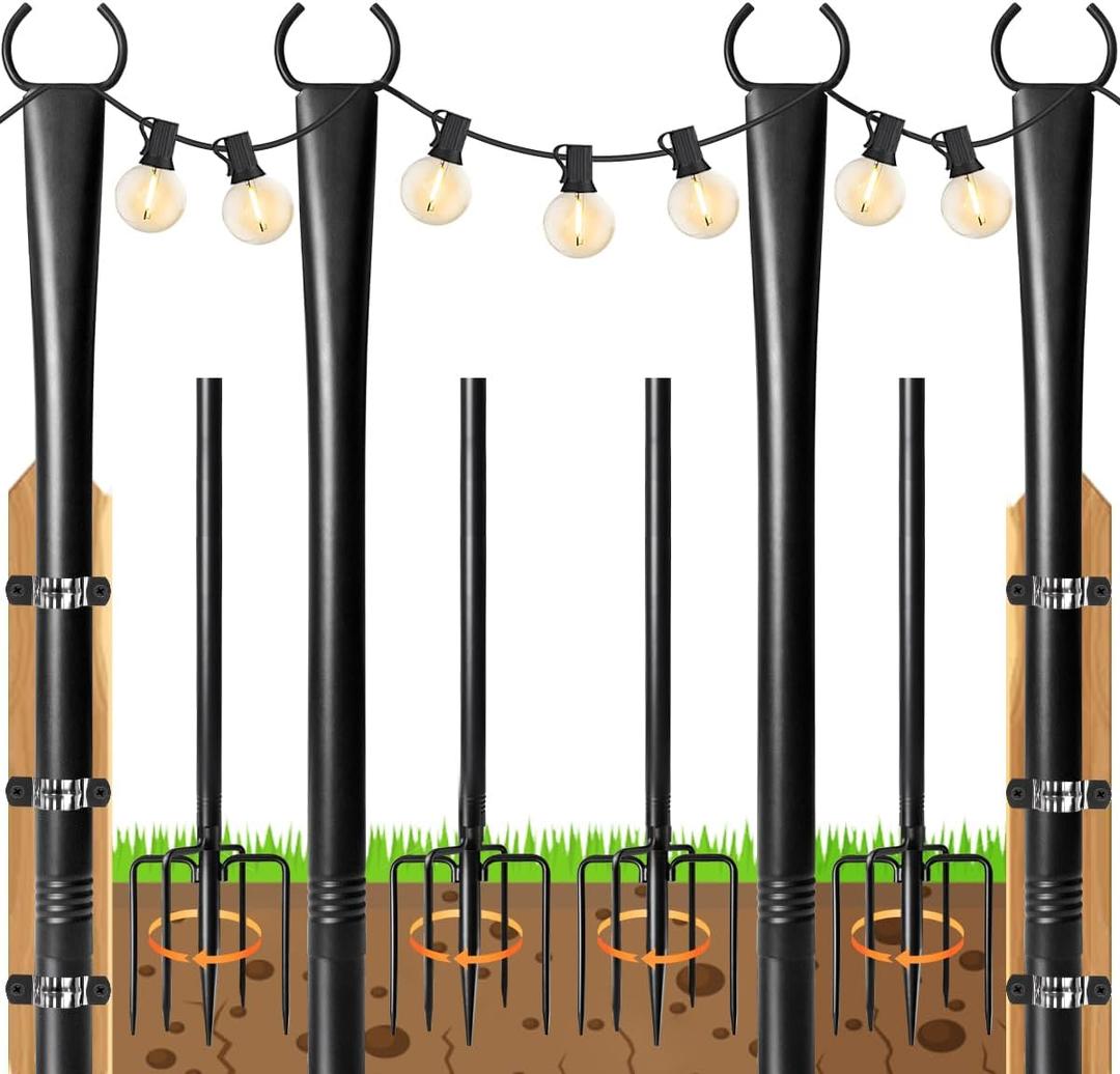 4 Pack String Light Poles for Outside, 10ft Heavy-Duty Metal Light Poles for Outdoor String Lights with Fork, Adjustable Lighting Stand for Patio Decor Backyard Pergola Garden Deck Porch Decorations