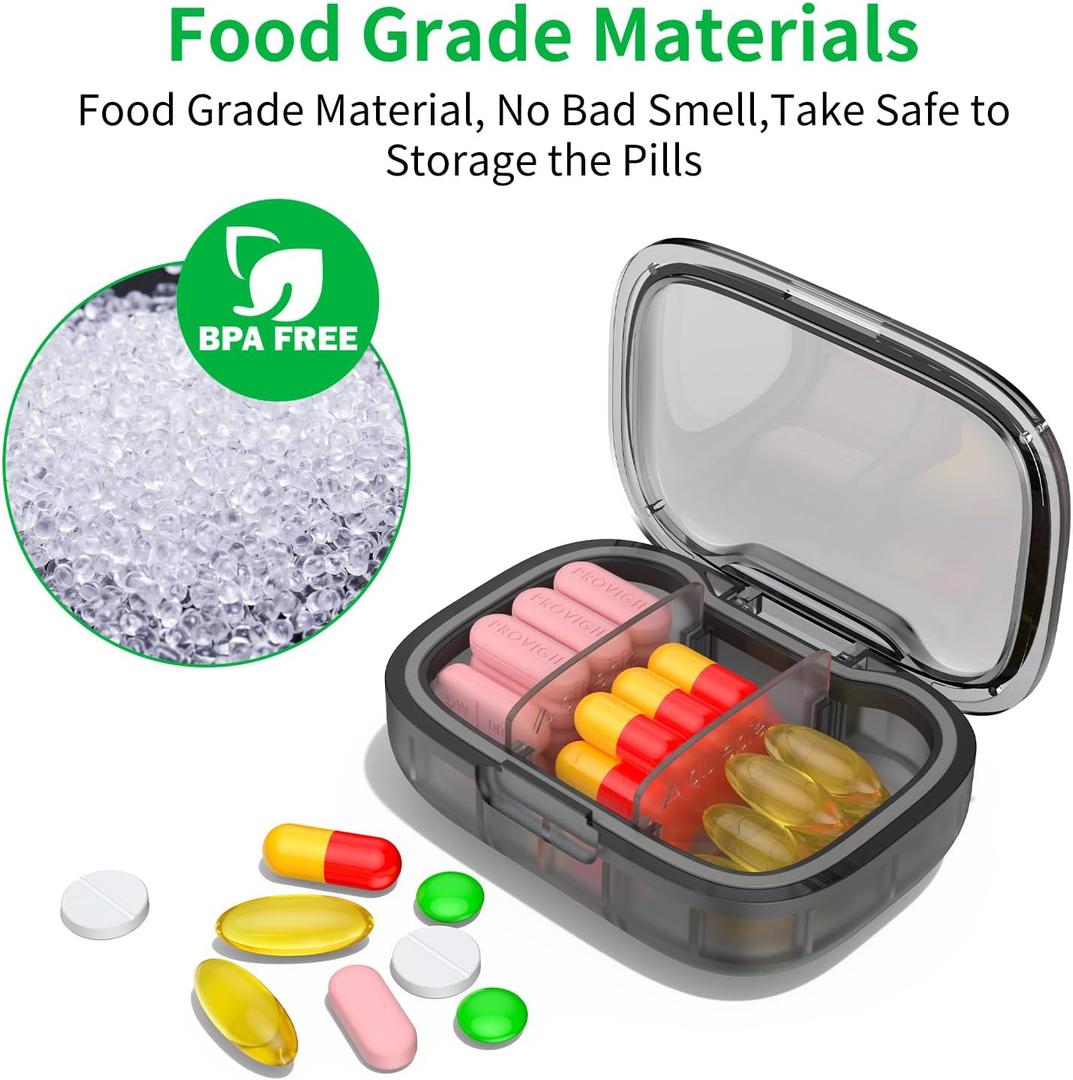 1 Pack 3 Compartment Small Pill Box, Moisture Proof Pill Case, Travel Pill Organizer for Pocket Purse, Daily Portable Medicine Vitamin Box, Fish Oil Box, Supplement Box (Black)
