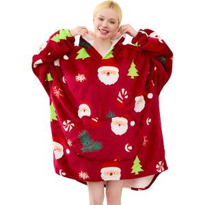 Moinlizy Blanket Hoodie Oversized Wearable Hooded Blanket for Adult Women and Men with Pocket Thick Sherpa Hoodie (Red Xmas)