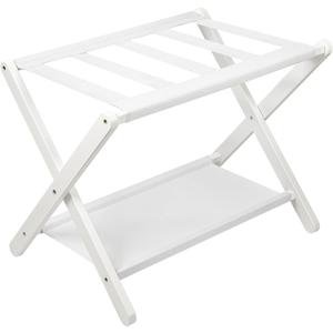 VASMIA Luggage Rack, Folding Suitcase Stand with Storage Shelf,Bamboo Luggage Stand for Guest Room,Bedroon and Hotel,Holds up to 131 lb,Fit Most Luggage Size,White