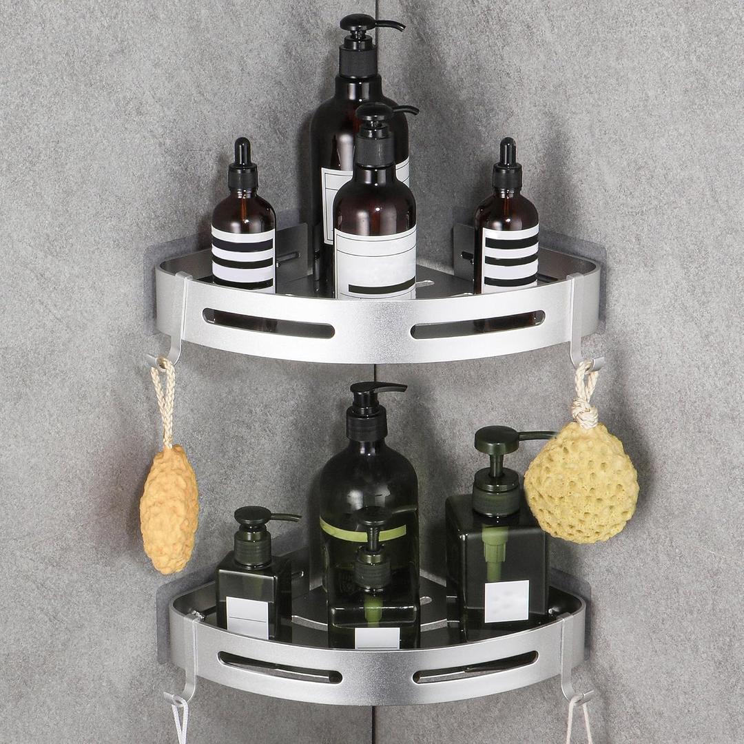 WPT Corner Shower Caddy, 2 Pack Adhesive Shower Corner Shelf, Shower Organizer Storage Wall Mounted No Drilling for Bathroom and Kitchen, Silver