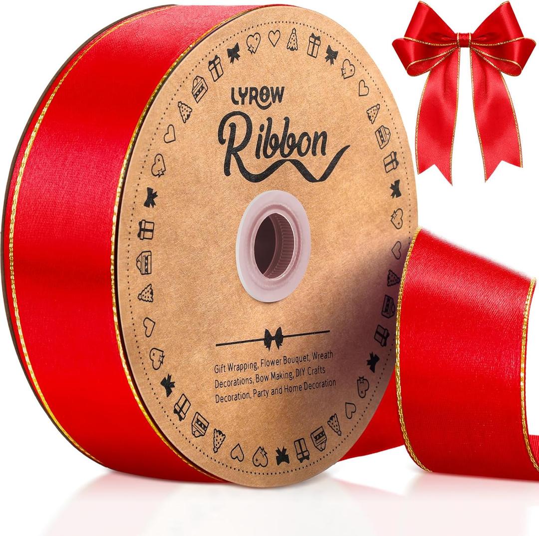 Lyrow 100 Yards Red Satin Ribbon with Gold Edges Valentine's Day Decor 1.5 Inch Gold Border Fabric Ribbons Ribbon for Gift Wrapping for DIY Crafts Wedding Shower Corsage Bible Decoration Bows Bouquet