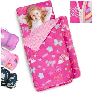 Primlect Toddler Nap Mat Extra Large Thickened 55''x35'', Soft Sleeping Bag with Detachable Minky Blanket and Pillow, Portable for Daycare, Preschool, Kindergarten, Travel, Boys and Girls (Rose Red Rainbow)