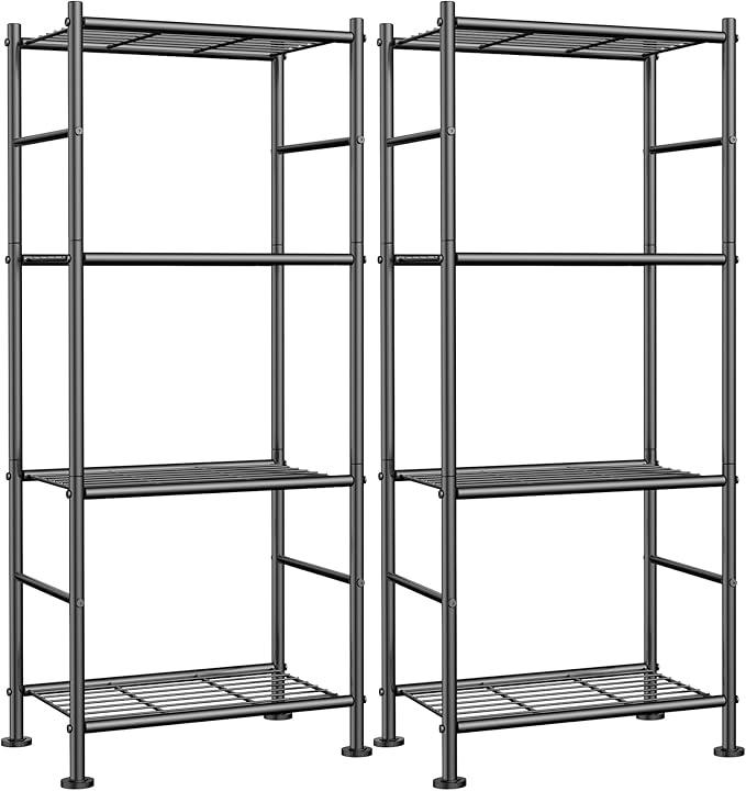 Storage Shelves - Set of 2, 4-Tier Metal Shelf Organizer, Space-Saving Garage Shelving with Leveling Feet, Standing Shelves Organizer for Kitchen, Laundry, Pantry (18.1"x12.3"x44.1", Black)