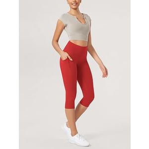 ODODOS High Waist Workout Capris with Pockets for Women, 14" / 19" Tummy Control Yoga Capri Leggings, Large, Red
