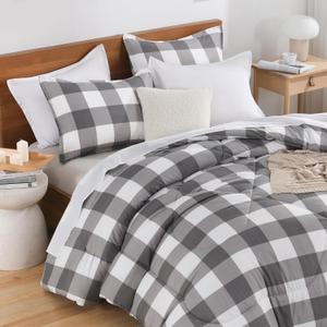 Andency Grey Queen Comforter Set, 3 Pieces Grey White Buffalo Check Plaid Bedding Comforter & Sets, Light Gray Soft Lightweight Fluffy All Season Bed Set