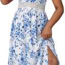 BEAUDRM Girl's Tropical Print Cami Dress Boho Tiered Spaghetti Strap Split Thigh Vacation Flowy Long Dresses (Blue, M)