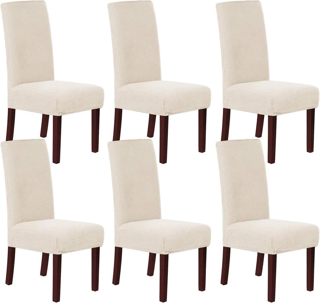 H.VERSAILTEX Stretch Dining Chair Covers Set of 6 Chair Covers for Dining Room Parsons Chair Slipcover Chair Protectors Covers Dining, Feature Textured Checked Jacquard Fabric, Natural