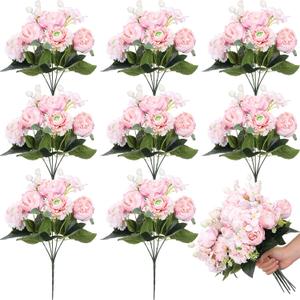 Crowye 8 Bouquets Wedding Silk Peony Hydrangea Flowers with Stems 12.6" H Elegant Faux Vintage Artificial Flowers for Decoration for DIY Table Party Decor Centerpieces Home (Light Pink)