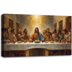 SIXWOOD The Last Supper Da Vinci Inspired Jesus and Apostles Canvas Wall Art Painting, Faith Christian Picture Wall Decor for Living Room Dining Room, 24x16in Framed Ready to Hang Vintage Art Print