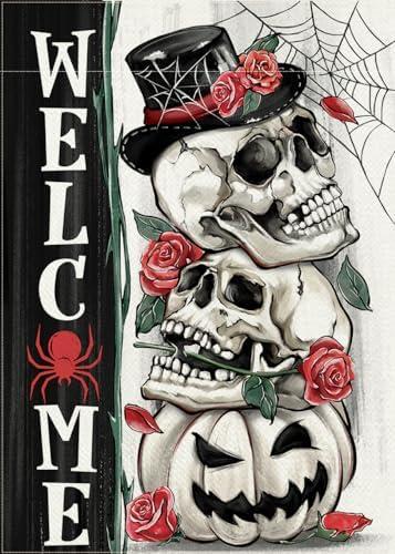 Covido Welcome Halloween Gothic Skull Decorative Garden Flag, Spooky Jack O Lantern Pumpkin Skeleton Yard Outside Decorations, Rose Flower Spider Web Outdoor Small Home Decor Double Sided 12 x 18,2 pcs