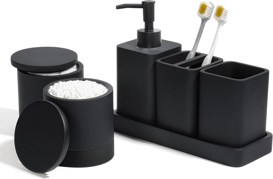 Bathroom Accessories Set, 6 Piece Bathroom Set with Toothbrush Holders, Soap Dispenser, Vanity Tray, Tumbler, Cotton Swab Jars, Bathroom Organizer Bathroom Sink Sets, Matte Black