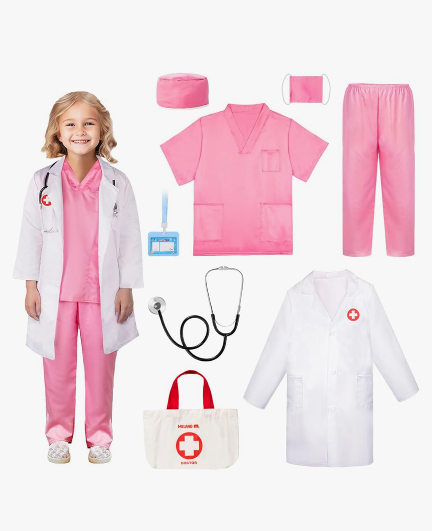 Meland Doctor Costume for Girls - Kids Scrubs with Lab Coat & Carry Bag, Doctor Dress Up for Halloween, Career Day Role Play 9-10 Years Meland Doctor Costume for Girls - Kids Scrubs with Lab Coat & Carry Bag, Doctor Dress Up for Halloween, Career Day Role Play 9-10 Years