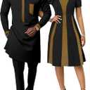 African Attire for Couple Women Print Wax Crew Neck Dress with Men Dashiki Long Vest Shirt and Pants Sets (Black, XL)