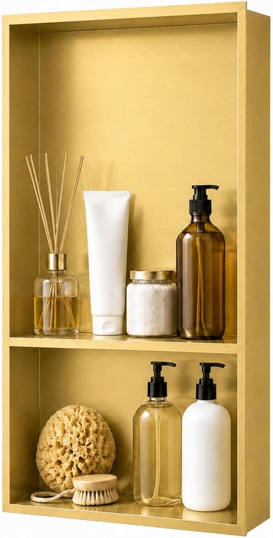 SaniteModar Stainless Steel Shower Niche 12" x 24" Brushed Gold 1/3Split | No Tile Needed, Recessed Bathroom Niche 2-Tier, Waterproof, Space-saving, Easy Setup, Built-in Storage for Bathroom, Kitchen