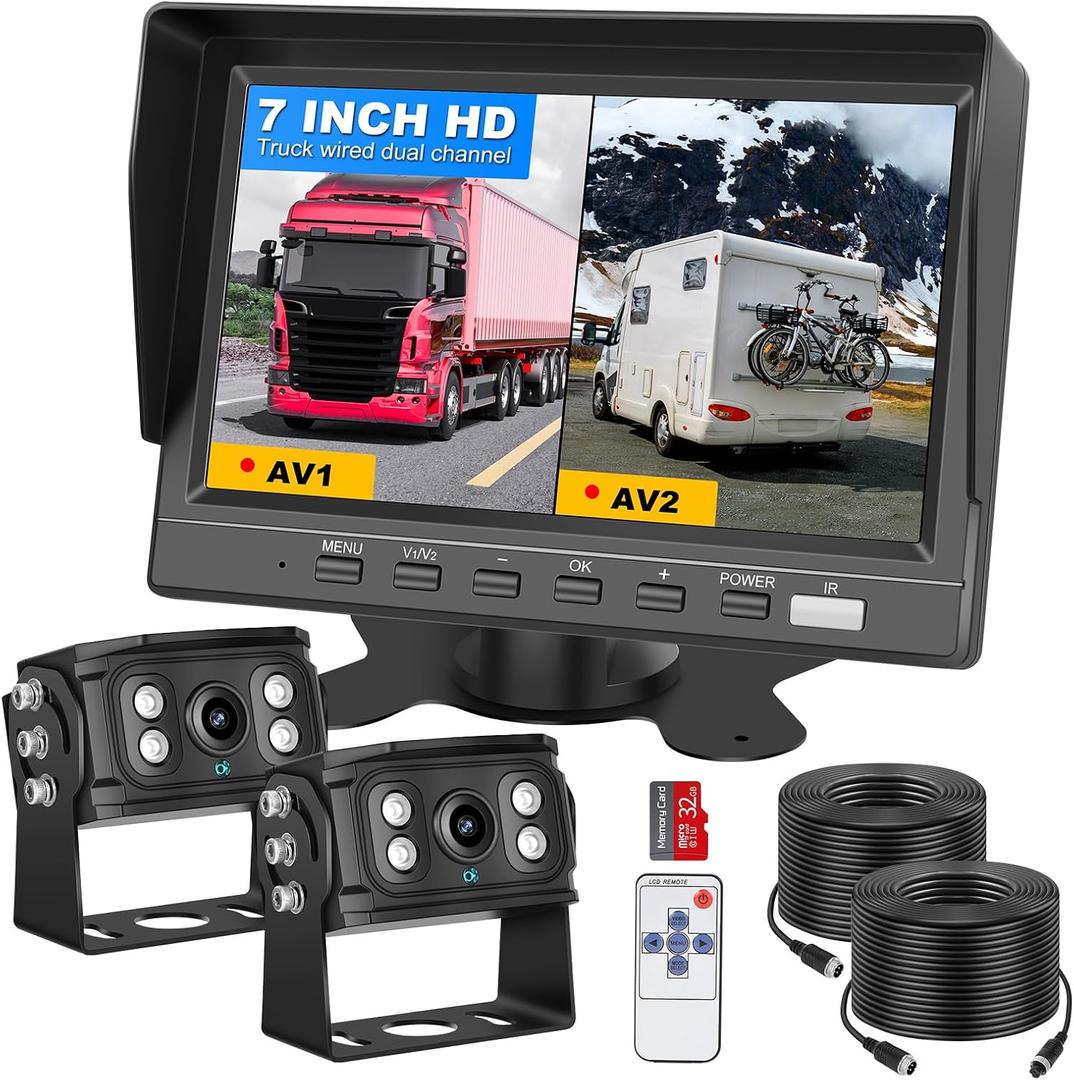 Dual RV Backup Camera 7 Inch 4K Display Screen Loop Recording Voice Control System IP68 Infrared Night Rear View Camera Wired Kit RV Trucks Tractors Car Videorecorders 12-24V