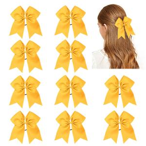 CN 10PCS Yellow Cheer Hair Bows for Cheerleader Large Cheer Elastic Ties | 8" Jumbo Handmade Bows, for Teen Girls College Sports Softball Competition, Grosgrain Ribbon ,Ponytail Holders for Girls