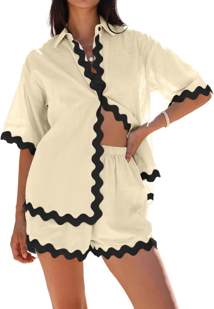 Danedvi Womens 2 Piece Outfits Beach Vacation Summer Short Sleeve Button Down Shirts and Shorts Lounge Sets (Small, Beige)