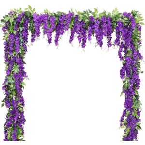 Wisteria Artificial Flowers Garland, 2Pcs Total 14.4ft Silk Faux Wisteria Vine Kit, Hanging Flower Plant for House Outdoor Garden Ceremony Outside Wedding Arch Floral Decor (2, Purple)