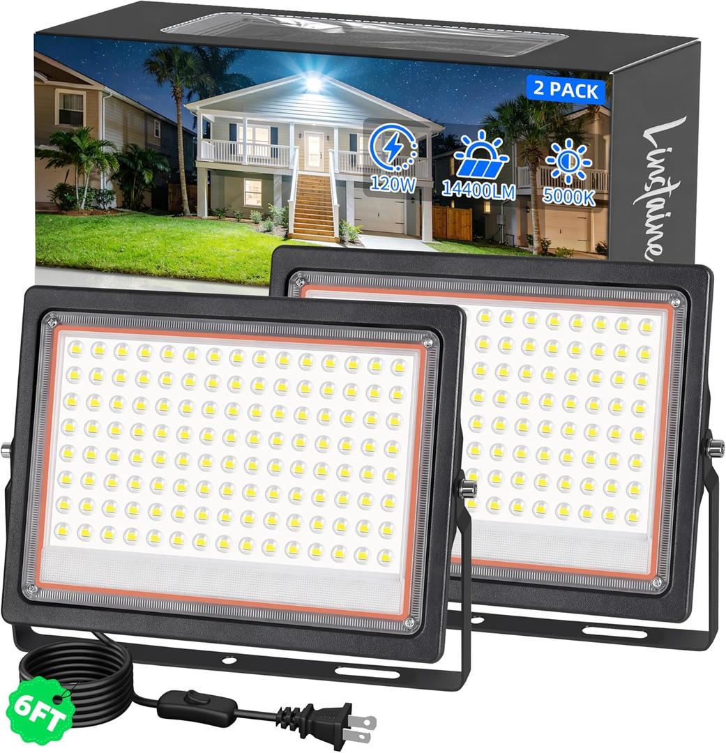 2 Pack 120W LED Flood Lights Outdoor, IP66 Waterproof 14400LM Plug in Work Light with 6FT Long Cord&Switch, 5000K Daylight White Outside Security Floodlights for Yard, Garden, Garage, Driveways