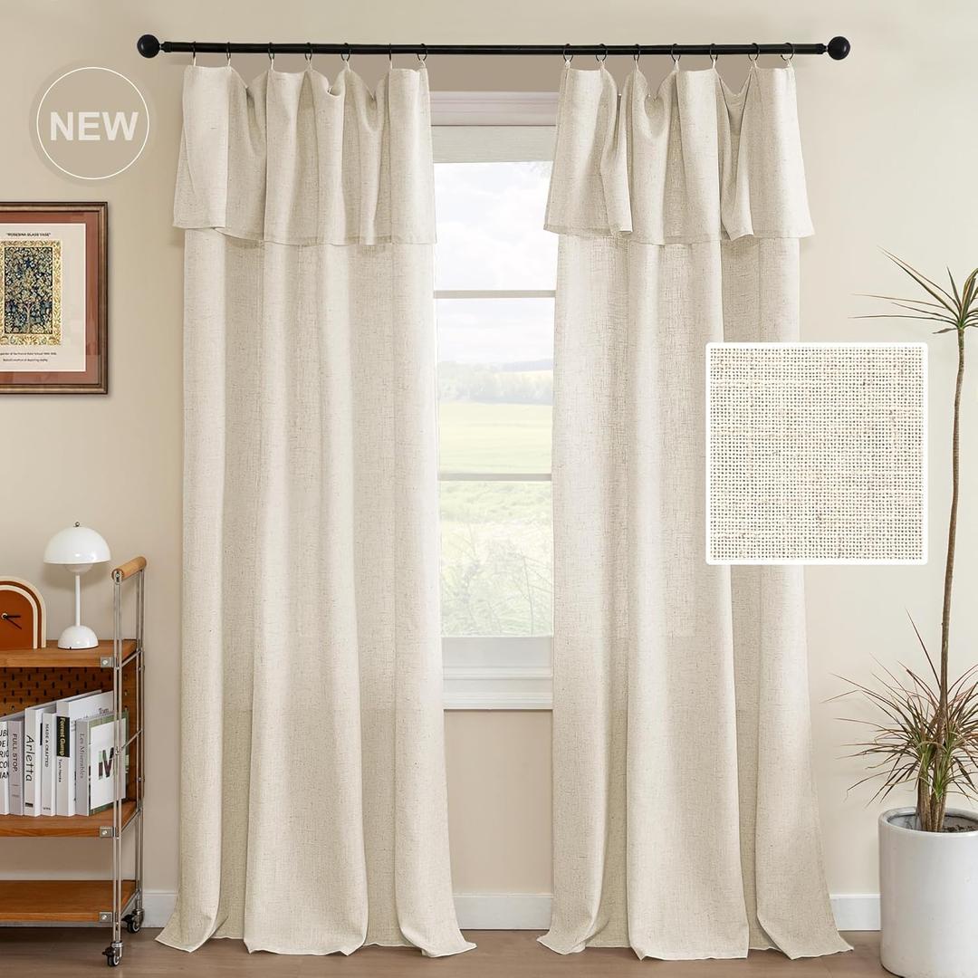 H.VERSAILTEX Linen Curtains with Valance 84 Inch Length for Living Room Boho Window Curtain, Drapes 2 Panels Set for Farmhouse Semi-Sheer Treatments Rod Pocket/Ring Top for Bedroom 52 x 84 Inch, Ivory