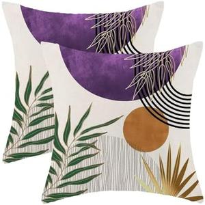 Boho Mid Century Pillow Covers 18x18 Set of 2,Violet Gold Throw Pillowcase Geometric Aesthetic Sunset Outdoor Farmhouse Cushion Cover for Sofa Couch Bed Living Room Decor