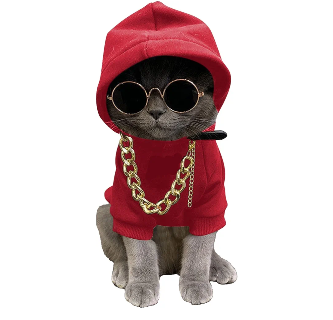 QWINEE 3Pcs Dog Hoodie Cat Apparel Dog Custume Set with Necklace and Sunglasses Pet Clothes for Puppy Small Medium Dogs Cats Red, Size: XL