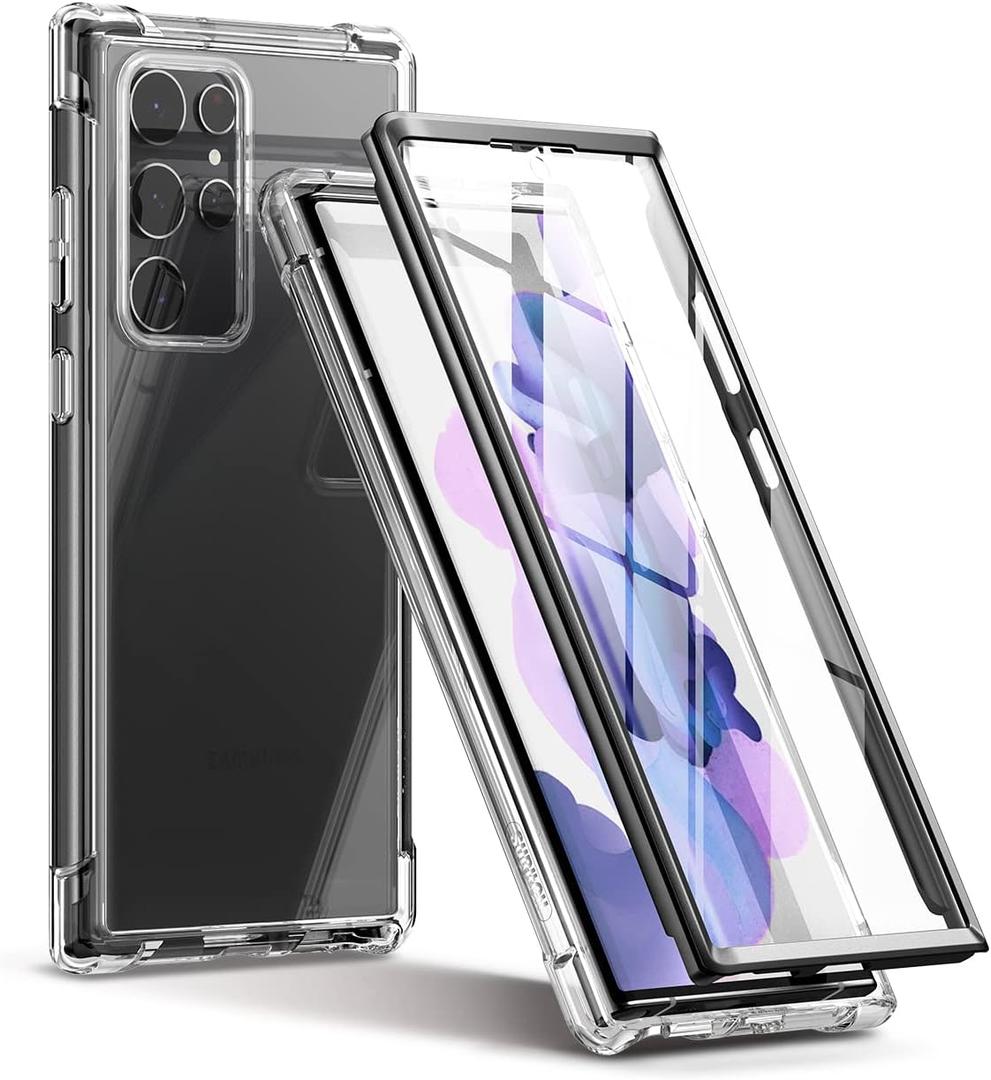 SURITCH for Samsung Galaxy S22 Ultra Clear Case 6.8" (Only), [Built-in Screen Protector] Full Body Protective Hard Shell+Soft TPU Phone Case for Samsung S22 Ultra -(Black Edge)