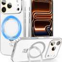 Magnetic for iPhone 17 Pro Case with Ring Stand, Fits MagSafe, with Built-in Camera Cover, Slim Electroplated Shockproof Phone Case, Silver