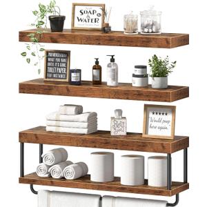 QEEIG Bathroom Floating Shelves Over Toilet - Wall Mounted Shelf Toilet Paper Storage Farmhouse 24 inch Long Set of 3, Rustic Brown (027-60BN3)
