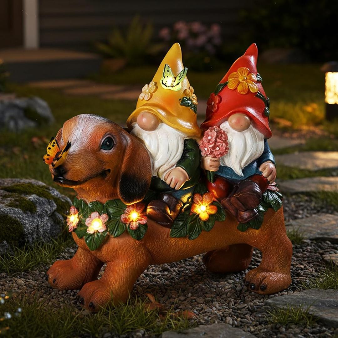 CroBlissful Solar Dachshund Gnome Lighted Statue - 10" Resin Dog with Butterfly and Floral Decor Outdoor Lawn Garden Ornament for Christmas Patio Yard Porch Decoration and Dog Gnome Lovers