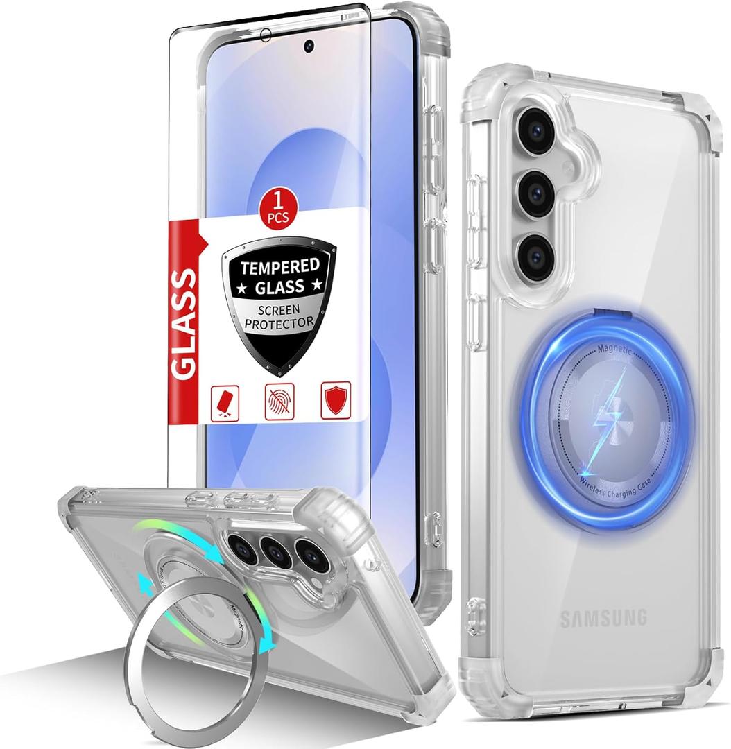 Magnetic for Samsung Galaxy S25 Plus Case Compatible with MagSafe Wireless Charging,with 1 Screen Protector,S25+Plus Case Built-in 360Kickstand Shockproof Military Grade Drop Protection Clear
