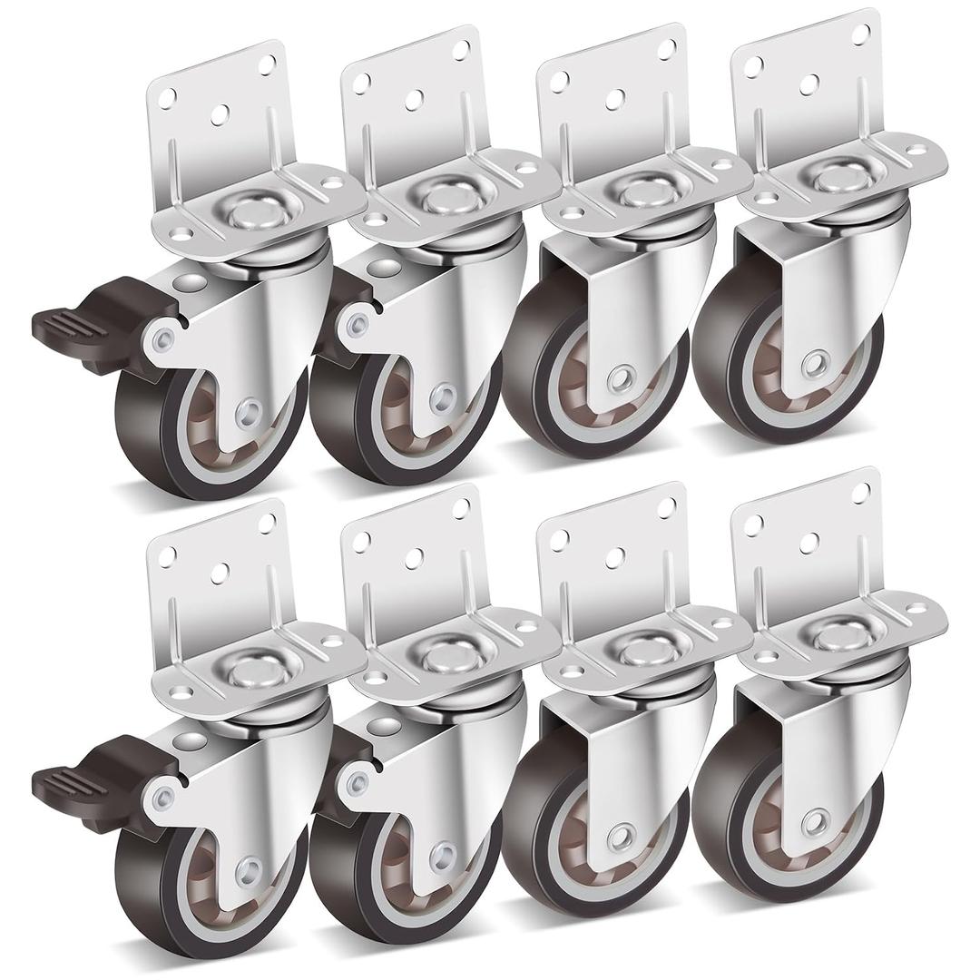 Nefish 2 Inch Side Mount Casters 8 Pack, L-Shaped TPR Rubber Caster Set of 8, Ball Bearing 360 Degree Plate Swivel Castors Wheel, Corner Castors Wheels for Furniture, Baby Bed, Kitchen, Cabinet, Table
