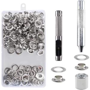 100 Sets of Grommets 10 mm Metal Grommets Kit with Eyelets with Storage Box 2/5 Inch for Repair Canvas Clothing Tarpaulin Tent Silver