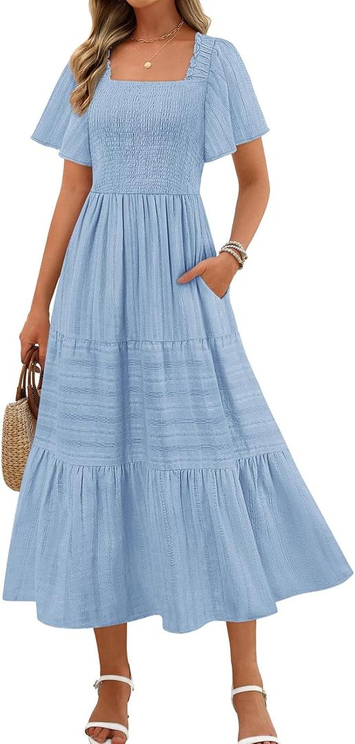 MEROKEETY Women's 2026 Summer Flowy Midi Maxi Dress Short Sleeve Square Neck Smocked Tiered Ruffle Boho Dresses with Pockets (Blue, L)